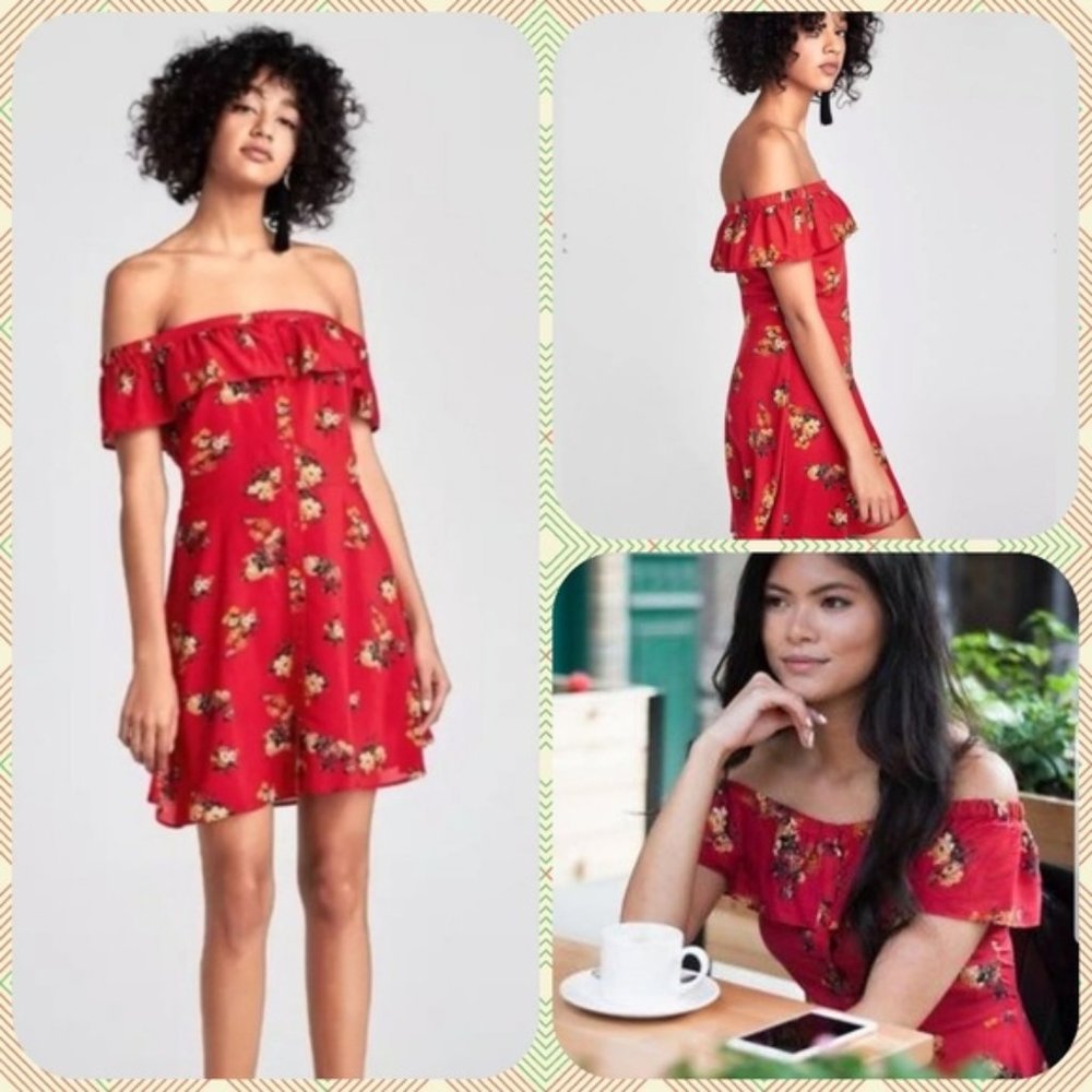 Zara Red floral flower dress off the shoulder